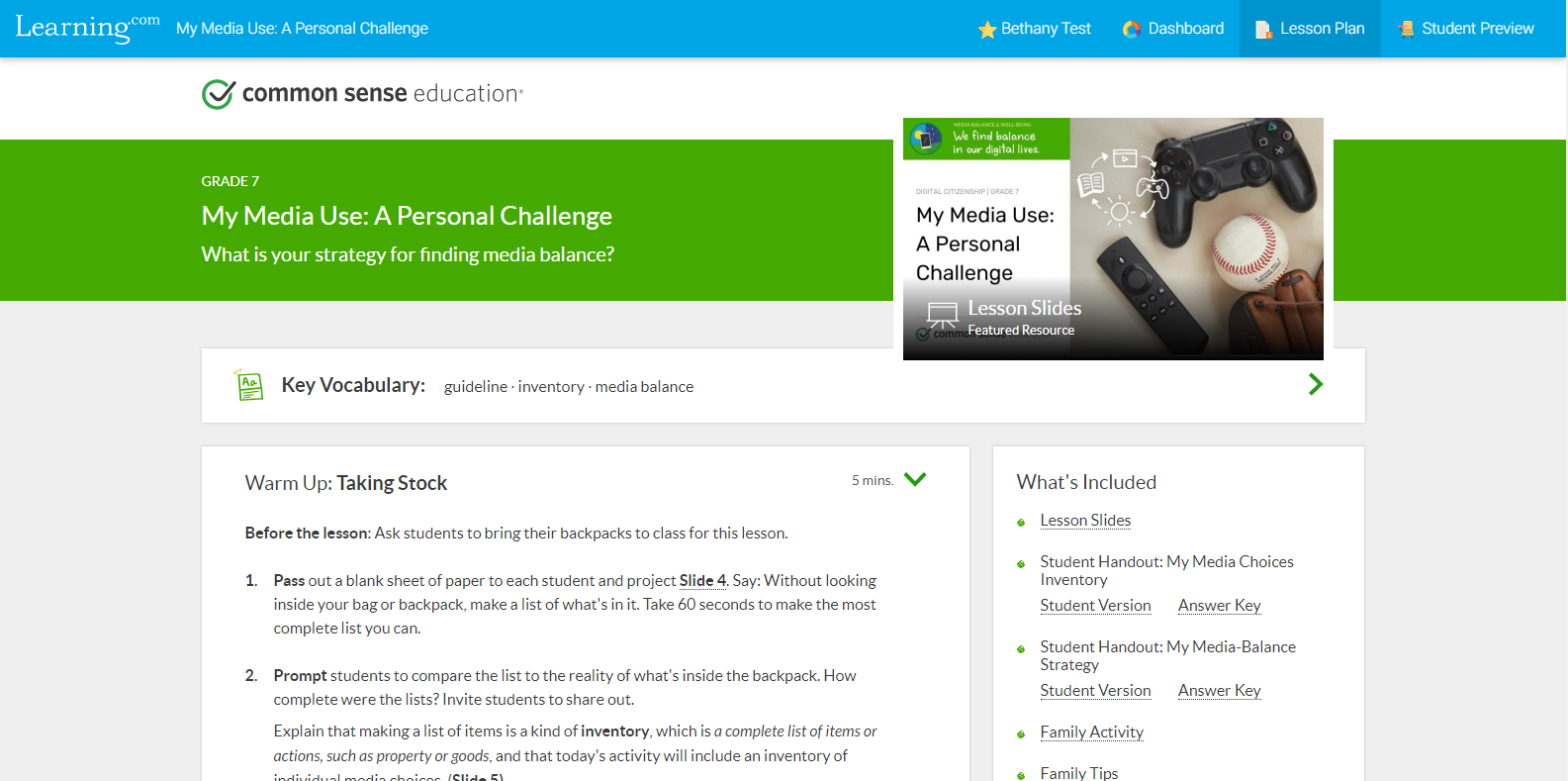 Common Sense Education lesson plan in Learning.com's platform. Common Sense Education lesson plan in Learning.com's platform.